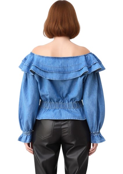 Kadın Pamuk Denim Bluz Carmen Yaka ve Balon Kol Detaylı Şık Tasarım Kaliteli Şık Rahat Modern fiyatları