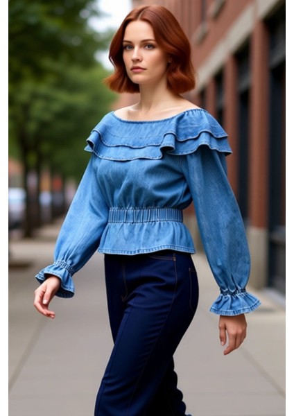 Kadın Pamuk Denim Bluz Carmen Yaka ve Balon Kol Detaylı Şık Tasarım Kaliteli Şık Rahat Modern modelleri