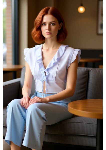 Kadın V Yaka Bağlama Detaylı Dokuma Bluz Kısa Kollu Kaliteli Şık Rahat Modern Zarif Günlük