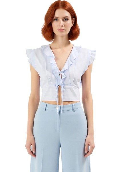 Kadın V Yaka Bağlama Detaylı Dokuma Bluz Kısa Kollu Kaliteli Şık Rahat Modern Zarif Günlük fiyatları