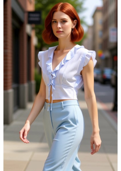 Kadın V Yaka Bağlama Detaylı Dokuma Bluz Kısa Kollu Kaliteli Şık Rahat Modern Zarif Günlük fırsatları