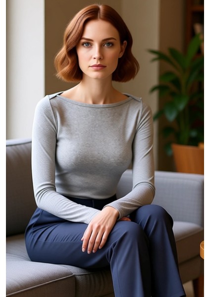 Kadın Kayık Yaka Vücut Sarar Uzun Kollu Örme Üst Kaliteli Şık Rahat Modern Zarif Günlük