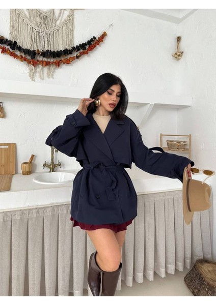 Kadın Beli Kemerli Premıum Lacivert Trençkot fiyatları