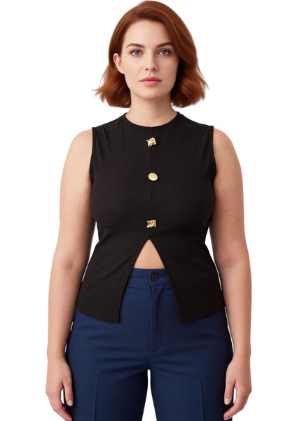 Kadın Düğmeli Bisiklet Yaka Kolsuz Örme Üst Günlük Şıklık ve Konfor Kaliteli Şık Rahat Modern fiyatları