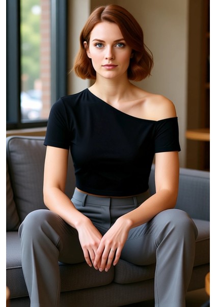 Kadın Likralı Penye Süprem Örme Asimetrik Yaka Üst Kaliteli Şık Rahat Modern Zarif Günlük