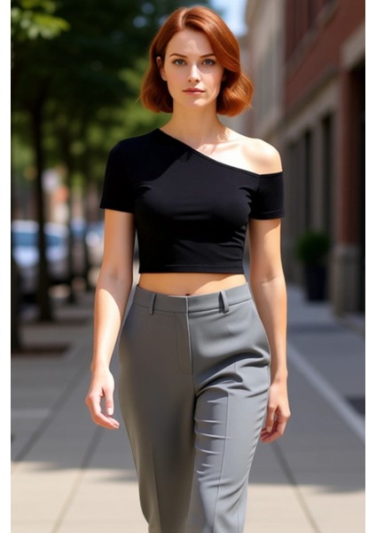 Kadın Likralı Penye Süprem Örme Asimetrik Yaka Üst Kaliteli Şık Rahat Modern Zarif Günlük fırsatları