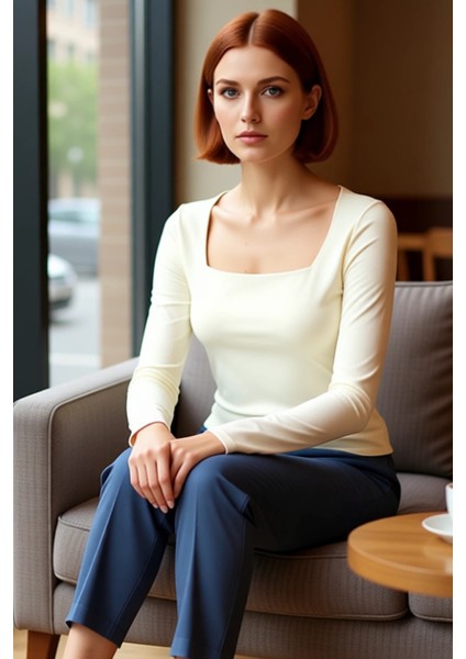 Kadın Moda Şık Üst Giyim Regular Kare Yaka Slim Kalıp Örme Pamuklu Fit Bluz