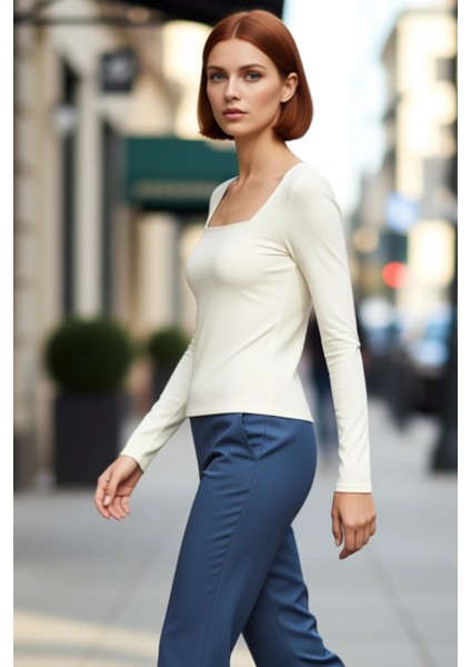 Kadın Moda Şık Üst Giyim Regular Kare Yaka Slim Kalıp Örme Pamuklu Fit Bluz fırsatları