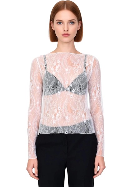 Kadın Giyim Zarif Dantel Detaylı Kayık Yaka Uzun Kollu Örme Bluz Kaliteli Şık Rahat Modern