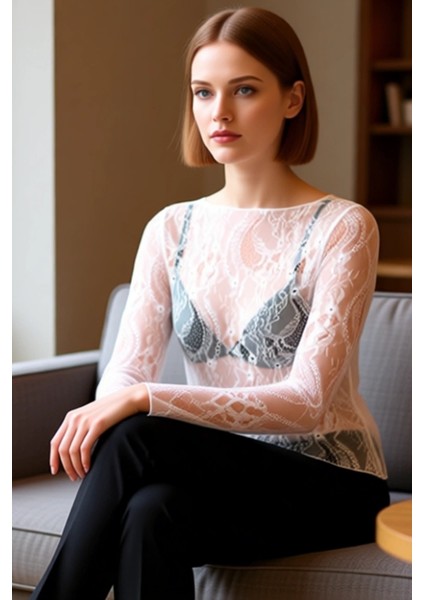 Kadın Giyim Zarif Dantel Detaylı Kayık Yaka Uzun Kollu Örme Bluz Kaliteli Şık Rahat Modern fırsatları