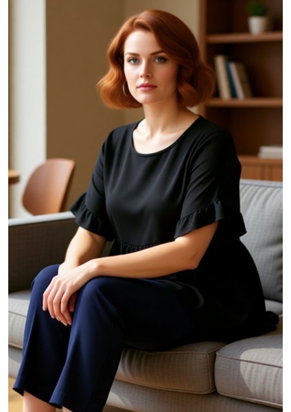 Moda Büyük Beden Bisiklet Yaka Dokuma Oversize Düz Desen Casual Günlük Regular Kısa Kol Bluz