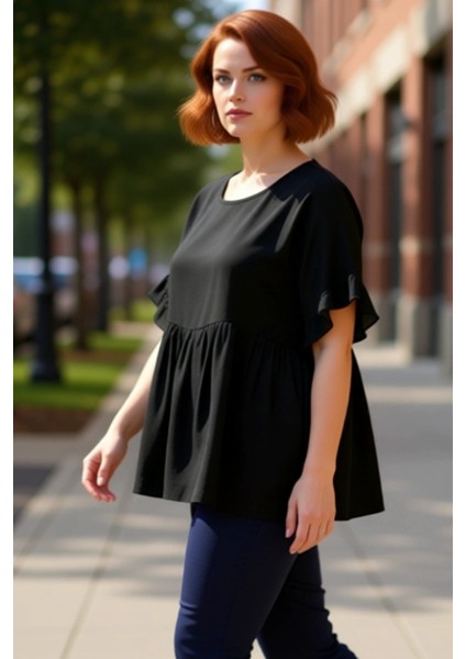 Moda Büyük Beden Bisiklet Yaka Dokuma Oversize Düz Desen Casual Günlük Regular Kısa Kol Bluz fırsatları