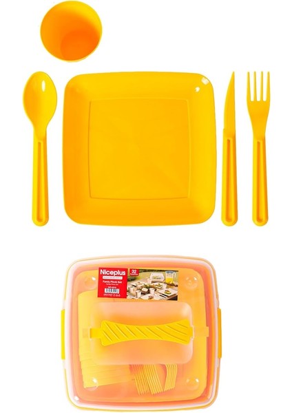 Piknik Seti, 6 Kişilik Piknik Seti, Taşıma Çantalı Piknik Seti, 32 Parça Piknik Seti, Pasta Börek Taşıma Kabı, Kamp Seti, Piknik Yemek Takımı (Sarı)