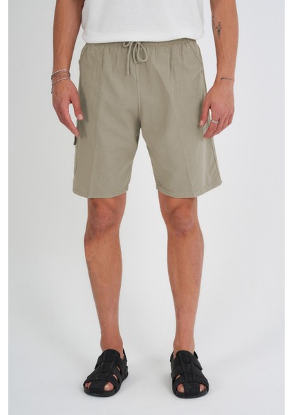 Yazlık Keten Görünümlü Kargo Cep Lastikli, Bol Kesim Toprak Renk Şort 201-1 modelleri