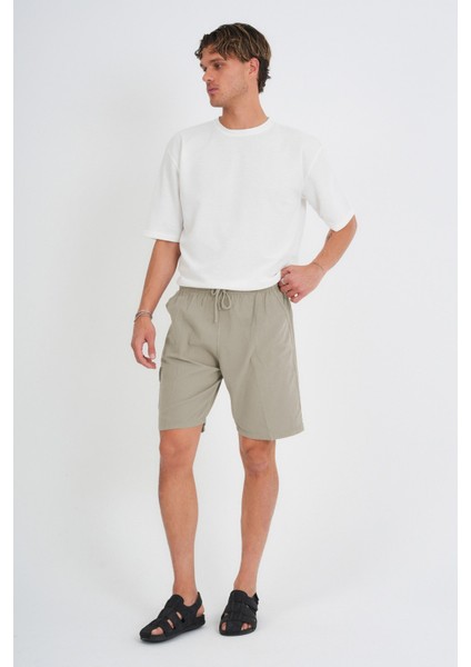 Yazlık Keten Görünümlü Kargo Cep Lastikli, Bol Kesim Toprak Renk Şort 201-1 fırsatları