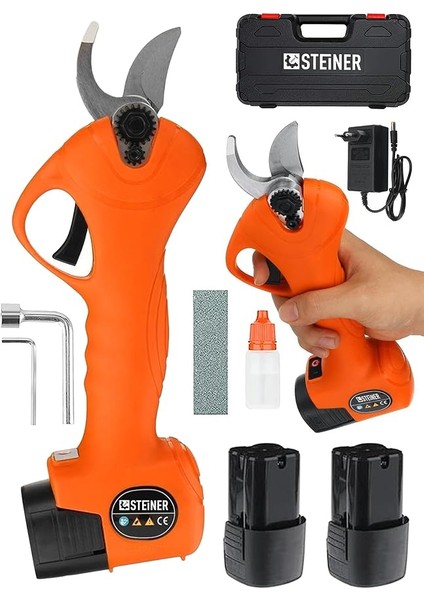 Alman 128 Vf 10 Ah Kömürsüz Motor Akülü Bağ Makası Dal Budama Kesme Makası Makinesi Çantalı Turuncu