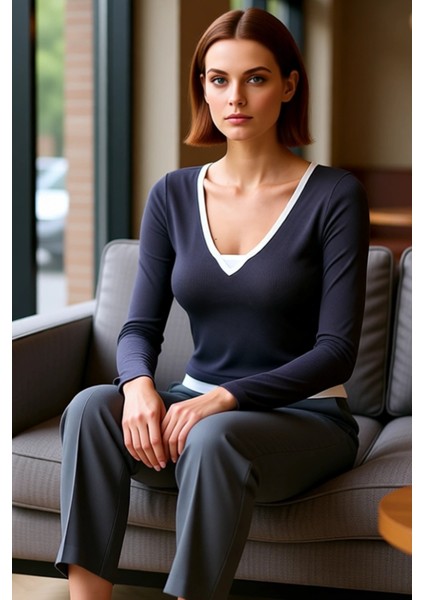 Kadın Pamuklu Elastan V Yaka Uzun Kollu Fitted Bluz Günlük Şıklık Kaliteli Şık Rahat Modern