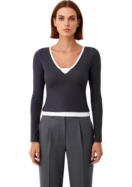 Kadın Pamuklu Elastan V Yaka Uzun Kollu Fitted Bluz Günlük Şıklık Kaliteli Şık Rahat Modern fiyatları