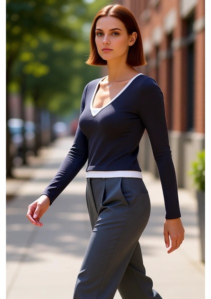 Kadın Pamuklu Elastan V Yaka Uzun Kollu Fitted Bluz Günlük Şıklık Kaliteli Şık Rahat Modern fırsatları