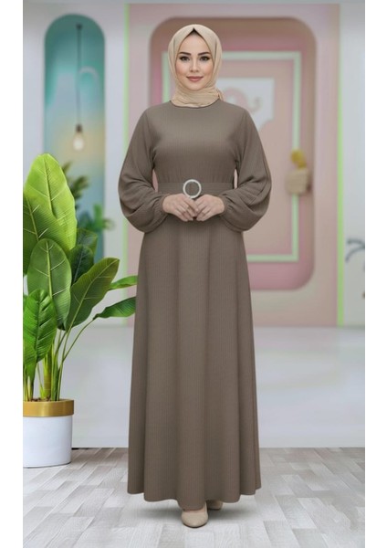 Kemer Detaylı Lastik Kollu Uzun Tesettür Elbise