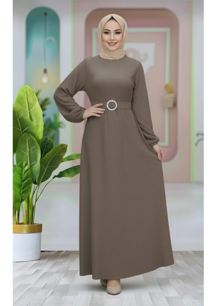 Kemer Detaylı Lastik Kollu Uzun Tesettür Elbise modelleri