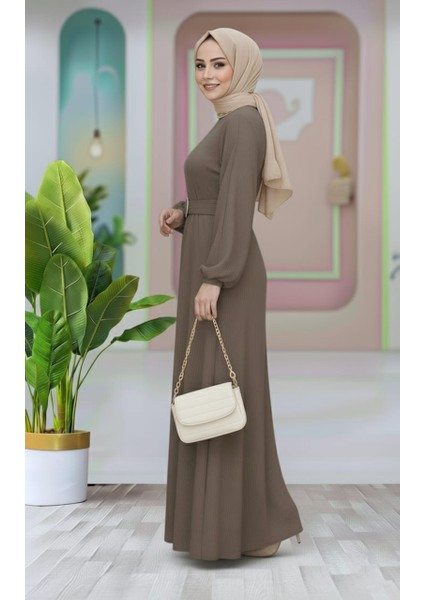 Kemer Detaylı Lastik Kollu Uzun Tesettür Elbise fırsatları
