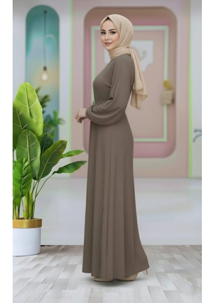 Kemer Detaylı Lastik Kollu Uzun Tesettür Elbise indirimleri