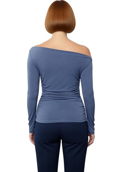 Kadın Regular Asimetrik Yaka Slim Kalıp Örme Büzgü Drape Fitted Vücuda Oturan Kollu Esnek Bluz modelleri