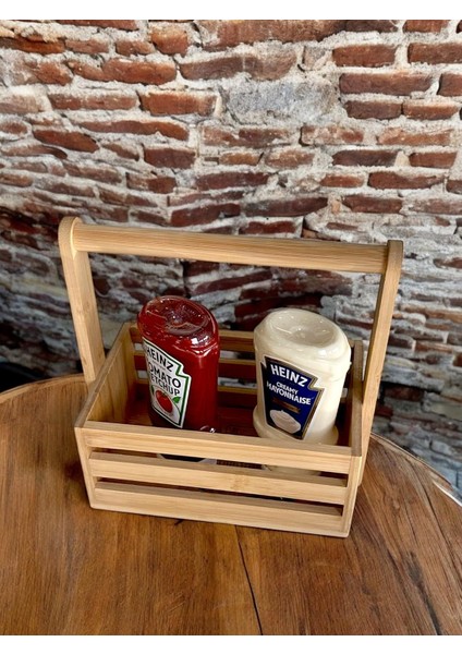 Bambu Masa Üstü Taşınabilir Sosluk ve Peçetelik, Bambu Tezgah Üstü Ketçap,-Mayonez ve Hardallık, Taşınabilir Bambu Sosluk (24 * 14.5 * 22CM)