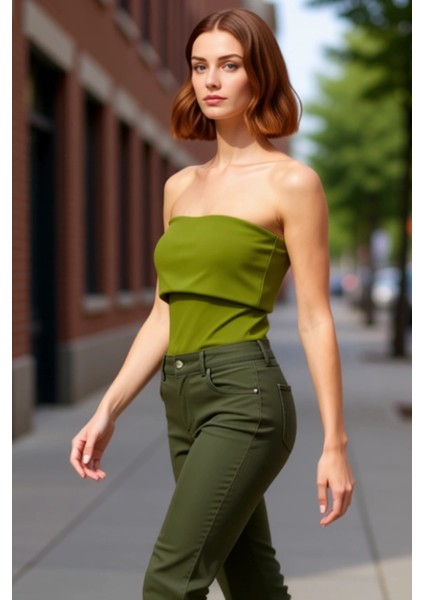 Straplez Yandan Fermuarlı Krep Örme Bluz Modern Stil Trend Tasarım Yüksek Kalite