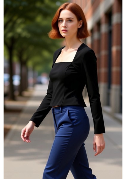 Kadın Şık Kare Yaka Uzun Kollu Dokuma Kaliteli Şık Rahat Modern Zarif Günlük