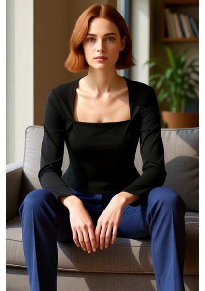 Kadın Şık Kare Yaka Uzun Kollu Dokuma Kaliteli Şık Rahat Modern Zarif Günlük fiyatları