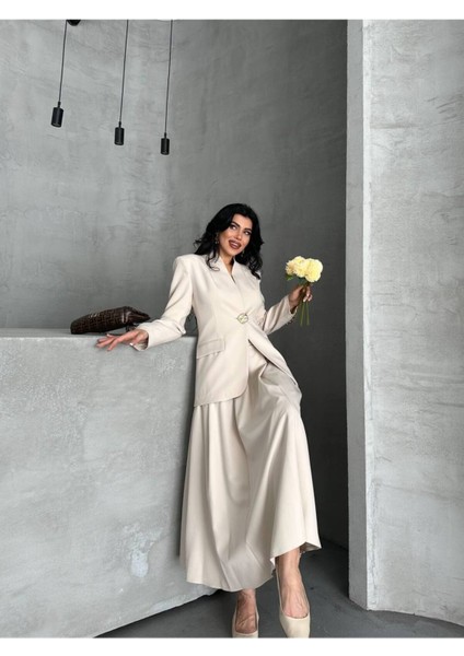 Kadın Gold Kurabiye Düğmeli Blazer Ceket Etek Takım Elbise