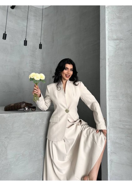Kadın Gold Kurabiye Düğmeli Blazer Ceket Etek Takım Elbise fiyatları