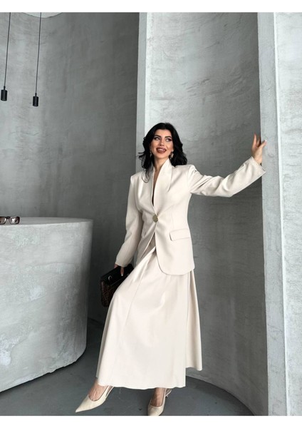 Kadın Gold Kurabiye Düğmeli Blazer Ceket Etek Takım Elbise modelleri