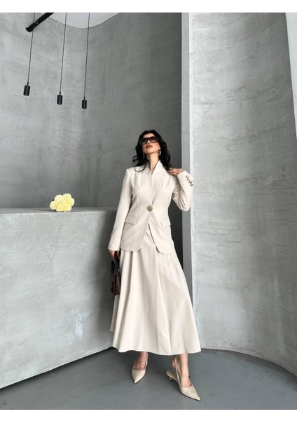 Kadın Gold Kurabiye Düğmeli Blazer Ceket Etek Takım Elbise fırsatları