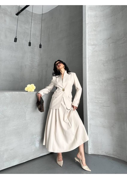 Kadın Gold Kurabiye Düğmeli Blazer Ceket Etek Takım Elbise indirimleri