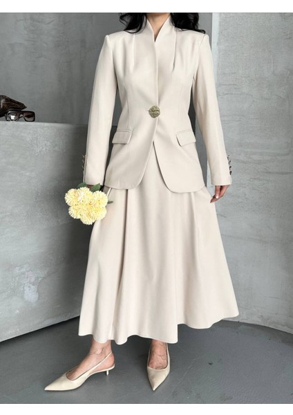 Kadın Gold Kurabiye Düğmeli Blazer Ceket Etek Takım Elbise