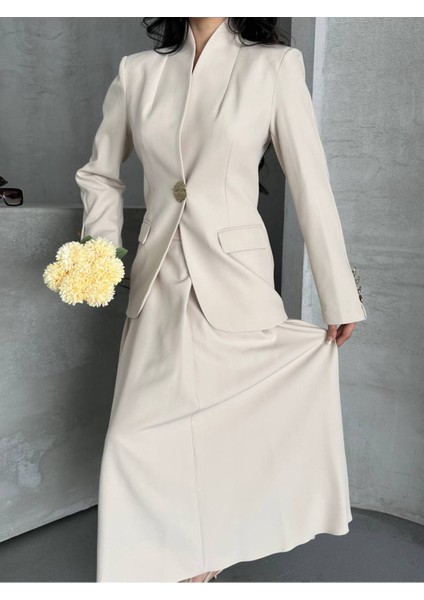 Kadın Gold Kurabiye Düğmeli Blazer Ceket Etek Takım Elbise