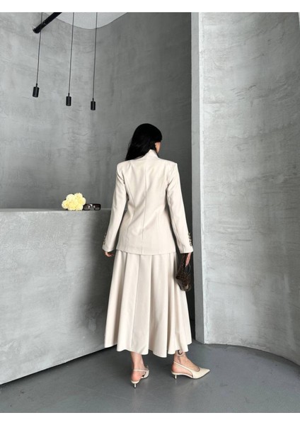 Kadın Gold Kurabiye Düğmeli Blazer Ceket Etek Takım Elbise