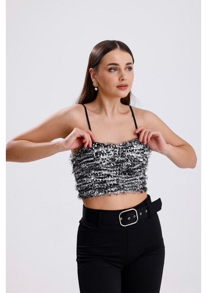 Arkası Fermuarlı Gloplu Askılı Sakallı Payet Bustiyer | BUST34594