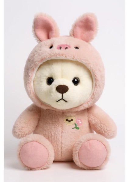 Şapkalı Peluş Ayıcık | Yumuşacık Uyku Arkadaşı, 35 Cm, Pembe Renk | Çocuklar Için Doğum Günü Hediyesi | Ce Sertifikalı | Tavşan Kıyafeti Giyen Pufi Ayıcık