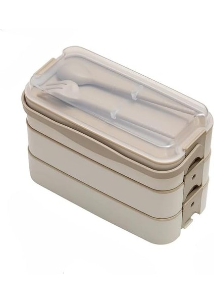 1260 ml 3 Katlı 6 Bölmeli Bpa'sız Pp Plastik Sefer Taşıma ve Beslenme Çantası, Kilitli Bento Lunch Box, Mikrodalgaya Uygun, Çatal ve Kaşık Dahil (Krem)