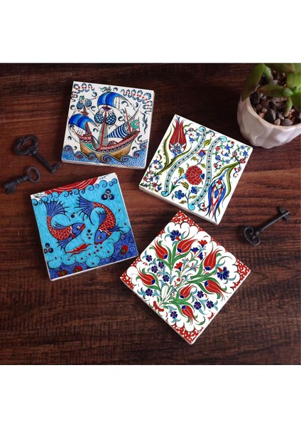 Çini Sanatı Lale, Balık, Yelkenli Gemi Taş Altlığı Seti - 4 Parça - Dekoratif, Mutfak Aksesuarı, 10X10 Cm, Kaydırmaz Tabanlı, Şık ve Dayanıklı SC221