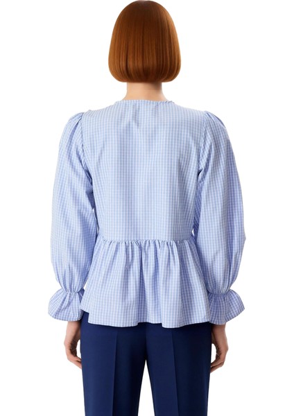 Kadın Dokuma V Yaka Uzun Kollu Bağcıklı Kareli Bluz Kaliteli Şık Rahat Modern Zarif Günlük fiyatları