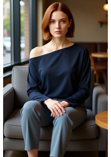 Kadın Moda Şık Regular Kayık Yaka Tek Kol Relaxed Kalıp Örme %100 Modal Kumaş Rahat Kesim Bluz