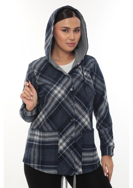 Büyük Beden Rahat Kalıp Kapüşonlu Oduncu Kadın Gömlek Hırka