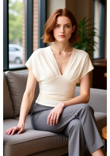 Kadın V Yaka Büzgülü Vücuda Oturan Örme Bluz Cool & Comfort Kaliteli Şık Rahat Modern Zarif
