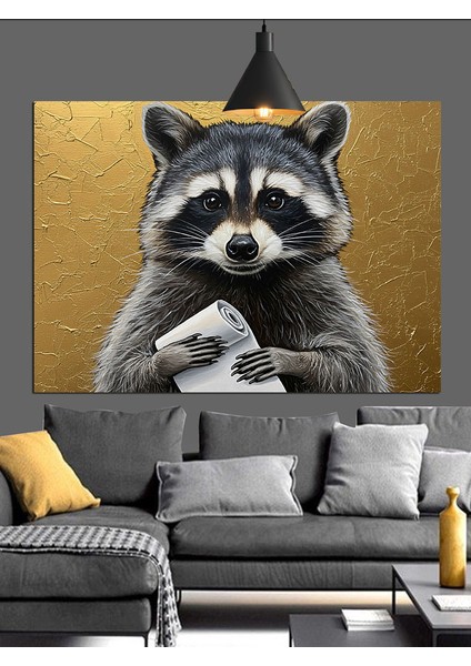 Parlak Altın Zeminli Rakun Portresi Dekoratif Kanvas - Mdf Ahşap Tablo modelleri