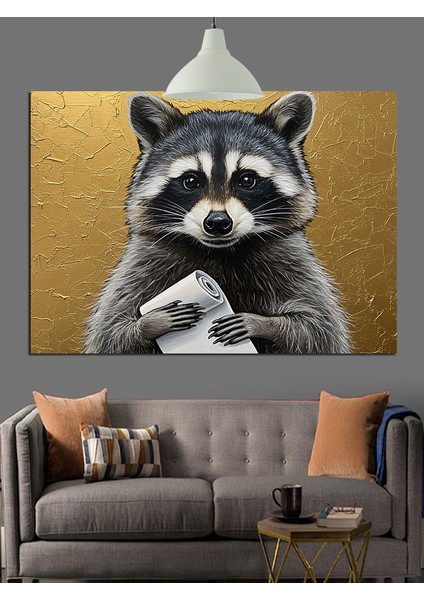 Parlak Altın Zeminli Rakun Portresi Dekoratif Kanvas - Mdf Ahşap Tablo fırsatları